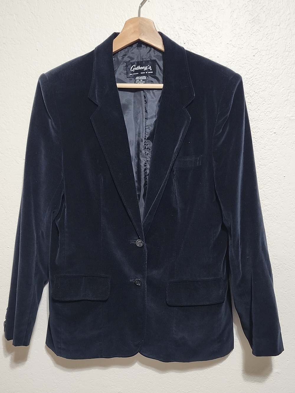 Vintage Anthony's Velvet Blazer Jacket Sz 16 Made in Japan Black Dark Academia